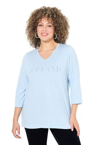 Thumbnail for Ulla Popken Damen, Schriftmotiv, Classic, V-Ausschnitt, 3/4-Arm T-Shirt, zartes hellblau, 54-56 im Sale