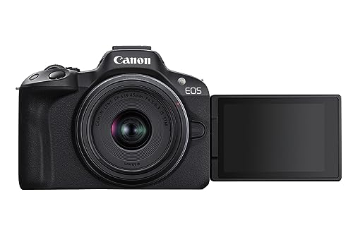 Canon EOS R50 Systemkamera + RF-S 18-45mm is STM Objektiv - Spiegellose Kamera (Digitalkamera mit Autofokus + Motiverkennung für Personen Augen Tiere Fahrzeuge, 4k Video, 15 Bilder pro Sek.) schwarz im Sale