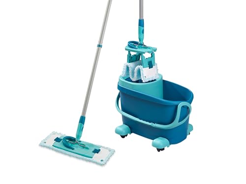 Leifheit Set CLEAN Twist Flachwischer Ergo 2.0 mit Rollen, Bodenwischer mit Supersoft Bezug für nebelfeuchte Reinigung auf Parkett, Laminat & Echtholz, Mop mit Click-System und Schleudertechnologie im Sale