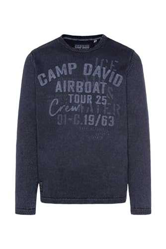 Camp David Herren Stone Washed Pullover mit Label Prints Deep Sea im Sale