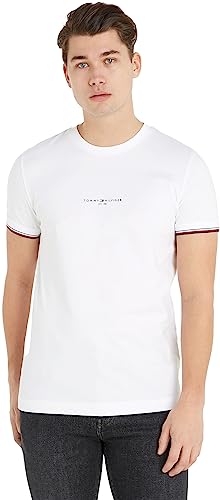 Tommy Hilfiger Herren T-Shirt Kurzarm Logo Tipped Rundhalsausschnitt, Weiß (White), im Sale