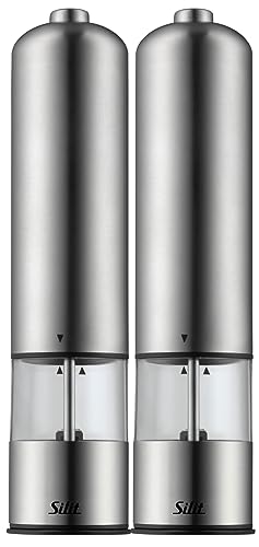 SILIT Salz und Pfeffermühle elektrisch Set 2-teilig | Edelstahl | Keramikmahlwerk - Mahlstärke stufenlos einstellbar | LED Beleuchtung inkl. Batterien im Sale