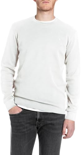 Replay men's basic long-sleeved shirt crew neck, 011 Natural White, on sale