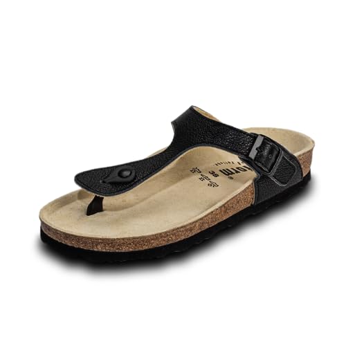 VITAFORM Zehentrenner für Damen I Sandalen Pantoletten I Sommer-Schuhe I Strandschuhe I Leder I Naturkork-Sohle I Luftpolsterung I anatomisch geformtes Fußbett I Gelenkschonend dämpfend Gold 41 im Sale