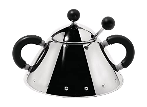 Alessi Zuckerdose mit Löffel aus Edelstahl, Griffen und Knopf aus PA, schwarz, Silber, 35.5 x 10.5 x 18.5 cm im Sale