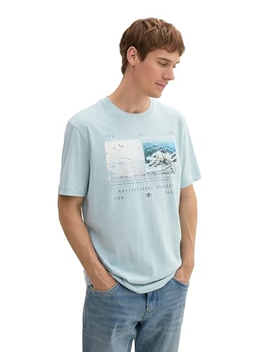 TOM TAILOR Herren T-Shirt mit Fotoprint aus Baumwolle,30463 - Dusty Mint Blue, im Sale