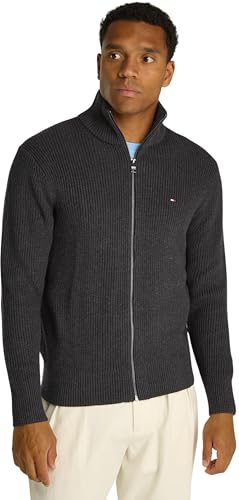 Tommy Hilfiger Rib Cotton Zip Through Strickpullover mit Reißverschluss Herren, Grau (Dark Grey Heather), 3 im Sale