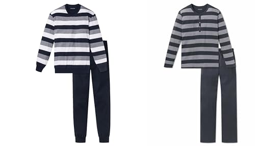 Schiesser Zweiteiliger Schlafanzug Dunkelblau & Grau (Anthrazit 203) 50 - Herren, Langarm, Gestreift, Locker, Klassisch elegant, Baumwolle, 2 Count, im Sale