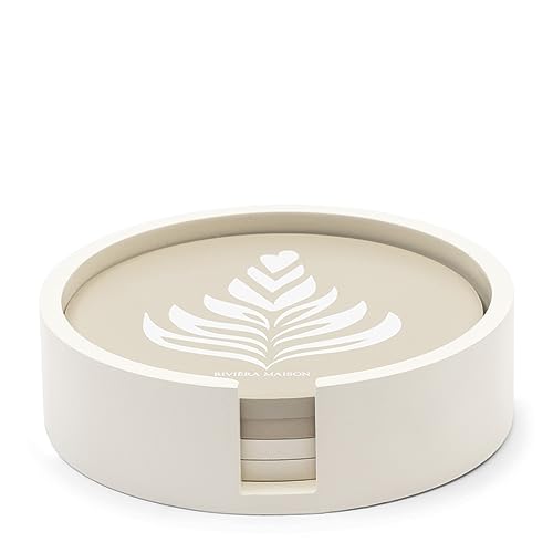 Riviera Maison beige coasters with holder, coffee and tea coasters, 4 pieces, table decoration - But First Coffee Coasters 4 PCS. - Wood - (ØxH) 13x3.5 on sale