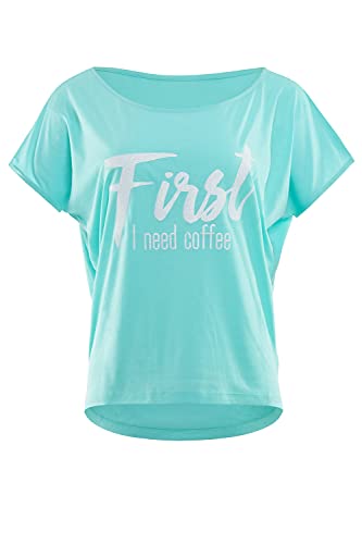 WINSHAPE Women's Ultra Light Modal Short-Sleeved Shirt Mct002 with White Glitter Print "First Need Coffee" T-Shirt, Mint-White, EU on Sale