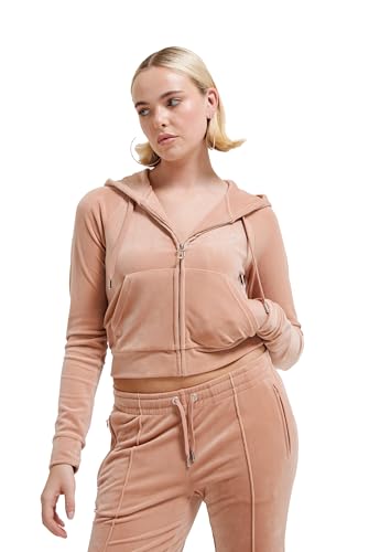 Juicy Couture Damen Madison Hoodie Kapuzensweatjacke, Sweatjacke mit Kapuze und Reißverschluss aus Velour Kapuzenpullover, CAFÉ AU Lait, im Sale