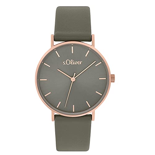 s.Oliver Armbanduhr Damen Quarzuhr Analog, mit Leder Armband, Grau, 3 bar Wasserdicht, Kommt in Uhren Geschenk Box, im Sale