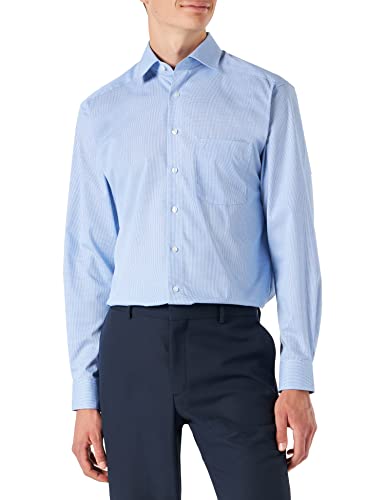 Marvelis Men's Business Shirt Non-Iron Comfort Fit, Long Sleeve, Kent Collar, Mini Vichy, 100% Cotton, Blue 11, 47 on Sale