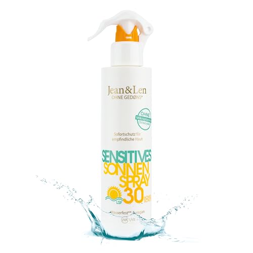 Jean &amp; Len Sensitive Sun Spray 30 SPF waterproof, for sensitive skin, without silicones, nanoparticles, octocrylene, microplastics, mineral oil, fragrances &amp; dyes, vegan, sunscreen spray 250 ml