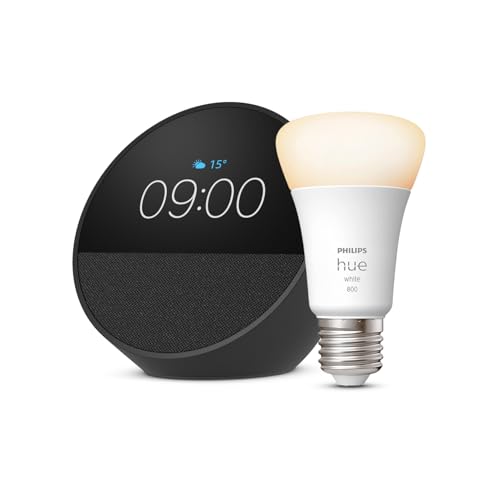 Echo Spot | Black + Philips Hue White E27 lamp, compatible with Amazon Alexa - Smart Home starter package on sale