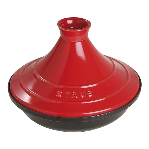 STAUB Tajine, 28 cm, Gusseisen, mit Deckel aus Keramik, für traditionelle marokkanische Gerichte, Schwarz/Kirschrot im Sale