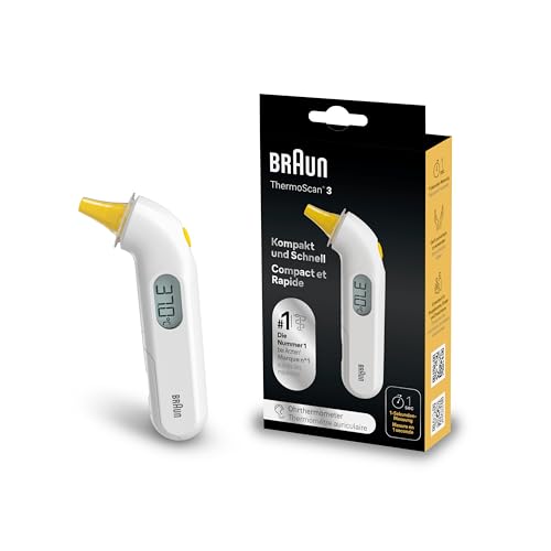 Braun ThermoScan 3 Ear Thermometer | 1-Second Measurement | Audio Fever Indicator | Digital Display | Suitable for Babies and Toddlers | Doctors' Choice1 | IRT3030