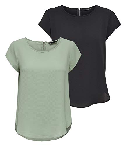 ONLY Damen ONLVIC S/S SOLID 2 Pack TOP WVN, Black/Desert SAGE, 34 im Sale