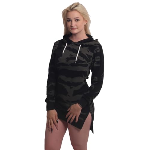 Yakuza Damen Afraid Allover Long Tail Lite Hoodie Kleid, Schwarz, im Sale