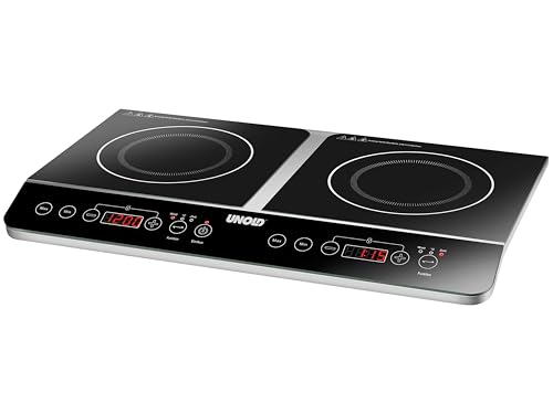 Unold 58175 Doppel-Induktionskochplatte Elegance - 2 Kochfelder, Glaskeramik, 29 x 27,5 cm, Induktions geeignet, Touchpad Bedienfeld, Timer, Überhitzungsschutz, Kindersicherung im Sale