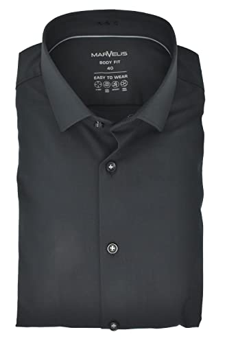 Marvelis Men's Easy to Wear Shirt Body Fit Kent Collar Long Sleeve Stretch Plain Anthracite, Collar Size: 42 on Sale