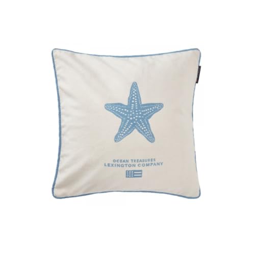 LEXINGTON Sea Embroidered Recycled Cotton Pillow Cover, White/Blue, 50x50 on sale