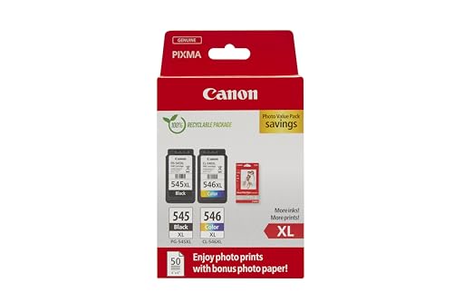 Canon Ink Cartridges &amp; Paper Multipack - PG-545XL/CL-546XL Original Printer Cartridges 2-pack (1 x Black, 1 x Color) &amp; 4x6 Photo Paper (50 Sheets) on Sale
