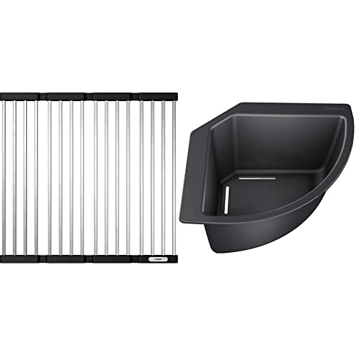 BLANCO 238483 Klappmatte als Abtropf für die Küchenspüle, für das Waschbecken in der Küche, Breite 440 mm & 235866 Eck-Schale Eckschale für Lebensmittel und Geschirr, 1, Schwarz, 215mm X 215mm im Sale