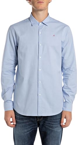 Replay Herren Hemd Langarm mit Knopfleiste, Blau (Light Blue 010), im Sale