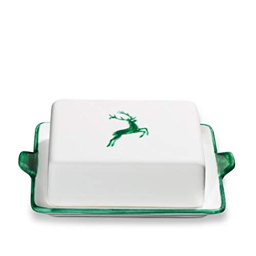 GMUNDNER KERAMIK butter dish size: l= 20.5 cm xw= 14.5 cm xh= 5.7 cm green deer tableware, handmade in Austria on sale