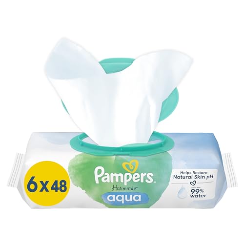 Pampers Harmonie Aqua Baby Feuchttücher (6 x 48), sanfter Hautschutz für zarte Haut mit 99% Wasser, 288 Tücher im Sale