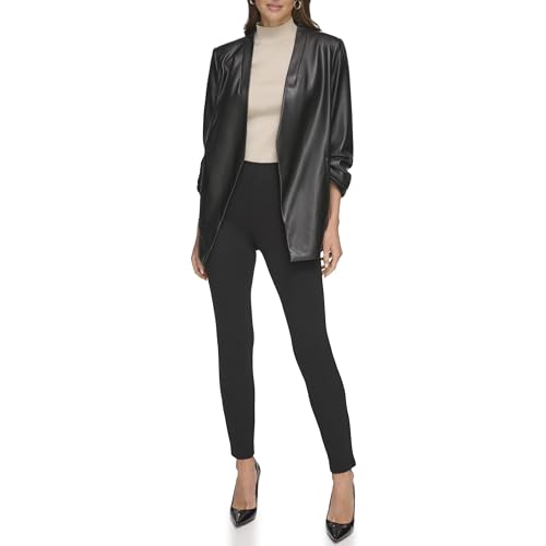 DKNY Women's 3/4 Ruched Sleeve PU Blazer, Black, im Sale