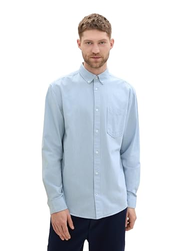 TOM TAILOR Herren Regular Fit Hemd mit Logo-Stickerei an der Brusttasche, 35960 - Light Blue Chambray, im Sale