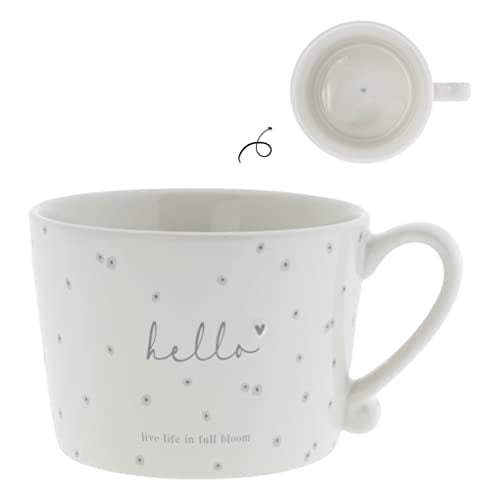 BC Tasse mit Henkel hello live life in full bloom Keramik weiß grau Keramikgeschirr Küche gedeckter Tisch BC Cup im Sale