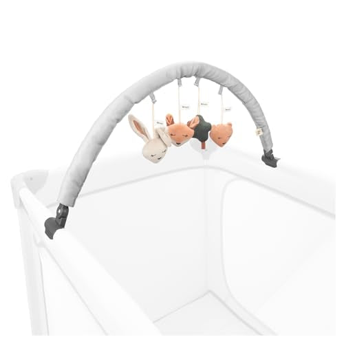 hauck Baby Spielbogen für Reisebetten mit Liegenflächenbreite bis 60 cm, Motorikspielzeug mit Rassel für Unterwegs und Daheim, ab Geburt, Verstellbar, Klappbar (Forest) im Sale