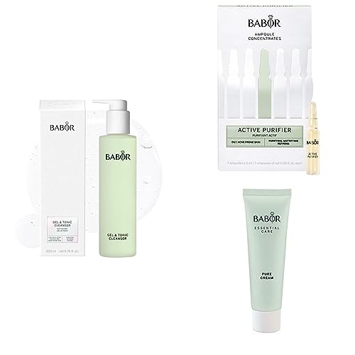 BABOR Anti-Blemishes Set, Gel &amp; Tonic Cleanser, 200 ml + Active Purifier Serum Ampoules for the Face, With Tea Tree Oil, 7 x 2 ml + ESSENTIAL CARE Pure Cream, Light Anti-Pimple Face Cream, 50 ml on Sale