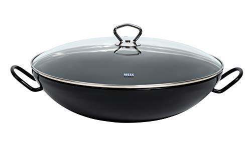 Riess, 0385-022, Wok mit Glasdeckel 36, CLASSIC - SCHWARZEMAILLE, Durchmesser 36cm, Maße 44,5 x x 16,5cm, Inhalt 4 Liter, Emaille, schwarz, Induktion im Sale