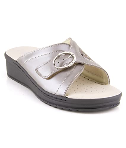 Medima, Damenschuh mit abnehmbarem Fußbett und verstellbarem Klettverschluss und Schnalle, Taupe, 41 EU im Sale