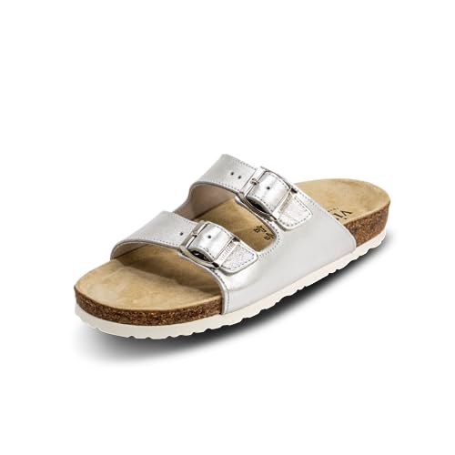 VITAFORM Pantoletten für Damen und Herren I Sommer Sandalen mit Kork-Fußbett I Hausschuhe mit Riemen I Arbeitsschuhe für Pflegepersonal und Pflege I gelenkschonende und dämpfende Schuhe Silber 38 im Sale
