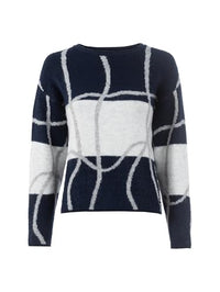 Thumbnail for s'questo Knit 1/1 Knit Sweater, Round Neck, Blue, Graphic Pattern Navy Soquesto Collection Sweet Soul on Sale