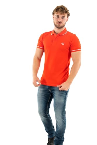 Calvin Klein Jeans Men's Short Sleeve Polo Shirt, Red (Fiery Red), on Sale