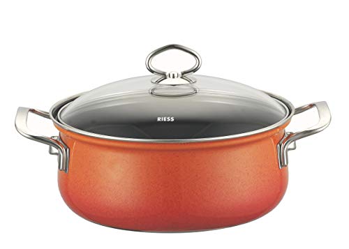 Riess, 0655-034, Kasserolle mit Glasdeckel, NOUVELLE, CORALL, Durchmesser 16 cm, Höhe 14.0 cm, Inhalt 1 Liter, Emaille, orange, Induktion im Sale