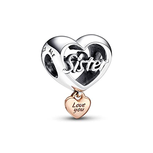 PANDORA „Love You Sister“ Herz-Charm aus Sterling-Silber und 14 Karat rosévergoldeter Metalllegierung - Kompatibel mit PANDORA Moments Armbänder im Sale
