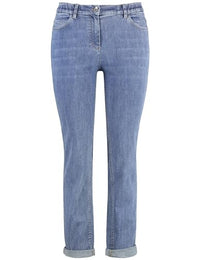 Thumbnail for Samoon Damen Elastische 5-Pocket Jeans Betty mit Saumaufschlag unifarben, Washed-Out-Effekt leicht verkürztes Bein Blue Denim 44 im Sale