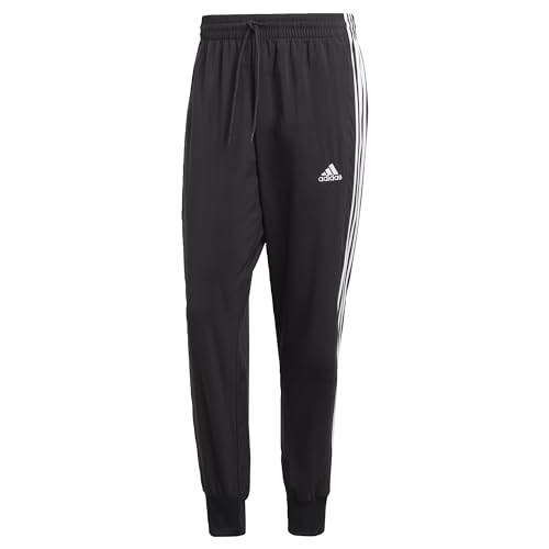 adidas Men's AEROREADY Essentials Tapered Cuff Woven 3-Stripes Pants, Black / White, on sale