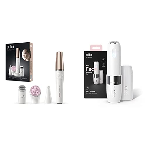 Braun FaceSpa Pro Beauty Set with facial epilator, facial cleansing brush, attachment, holder, and bag, SE912, white/bronze &amp; Face Mini Hair Remover, for women, FS1000, white on sale