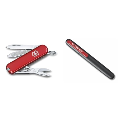 Victorinox Schweizer Taschenmesser Klein, Classic SD, Schlüsselanhänger & Dual-Messerschärfer Outdoor, Taschenmesser Schärfer, Schleifstein klein, schwarz im Sale