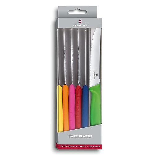 Victorinox Swiss Classic Tomato and Table Knife, 6-piece, Bread Knife, Extra Sharp, Serrated Edge, 11 cm, Stainless Steel, Multi-Coloured on Sale