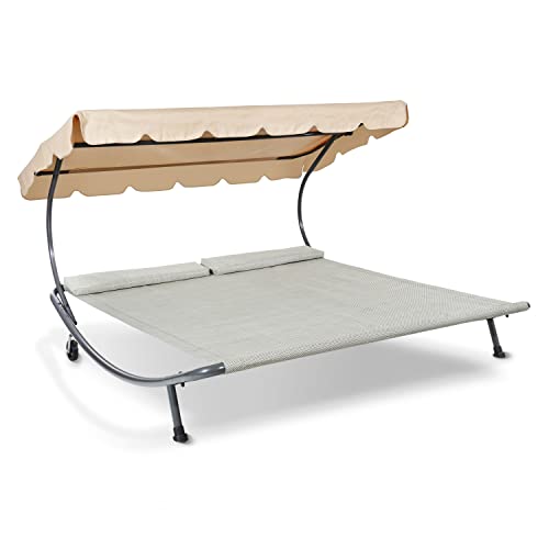LECO Outdoor-Doppelliege Original – Sonnenliege, Gartenliege mit Sonnendach für zwei Personen wetterfest - Gestell natur im Sale