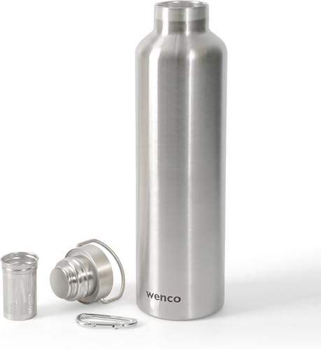 wenco Trinkflasche Edelstahl 0,75l / 750ml isoliert und auslaufsicher für kalte und heiße Getränke auch als Thermoskanne verwendbar – mit Teesieb – BPA frei – silber im Sale